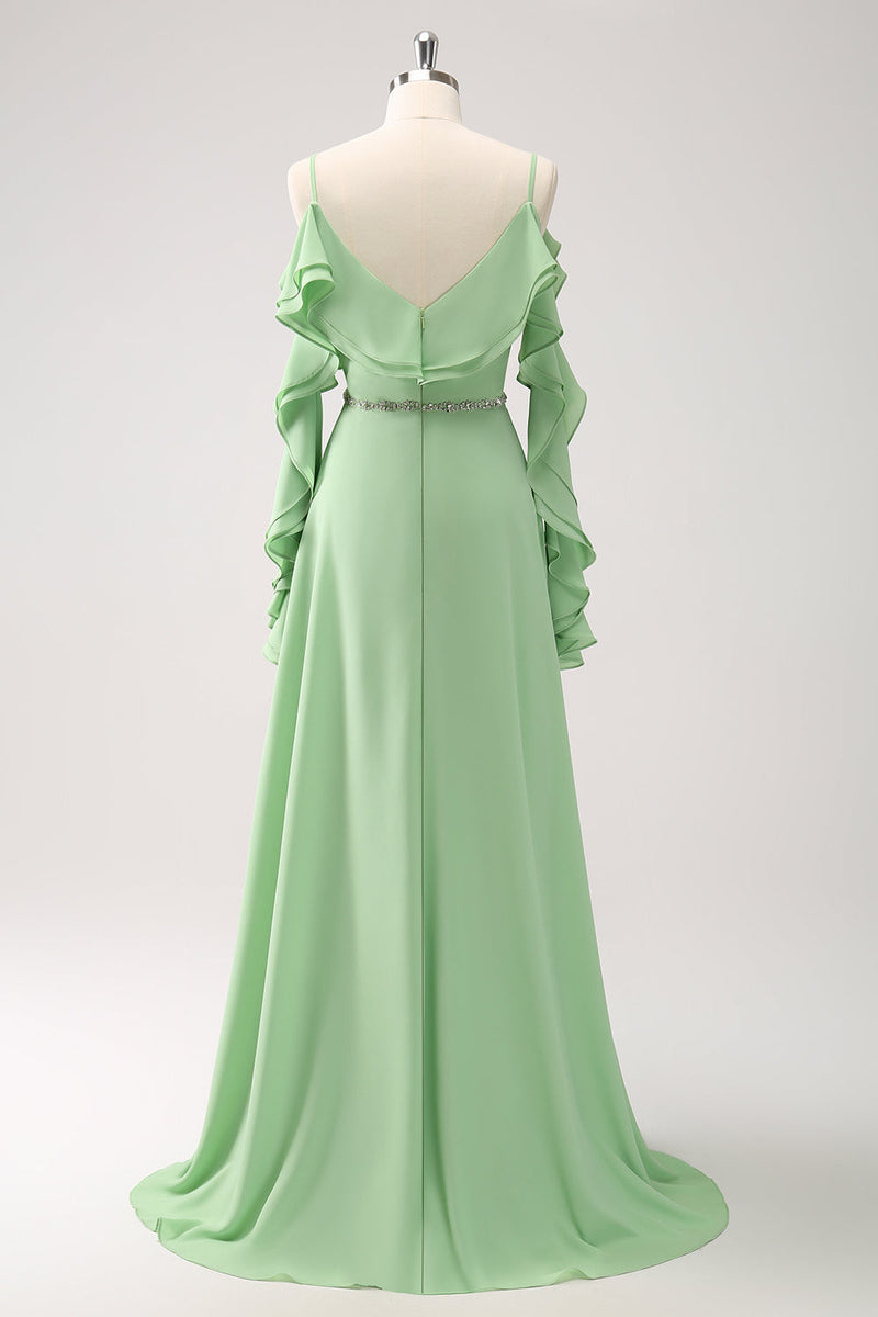 Load image into Gallery viewer, Light Green A-Line Chiffon Long Bridesmaid Dress with Ruffles