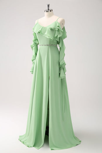 Light Green A-Line Chiffon Long Bridesmaid Dress with Ruffles