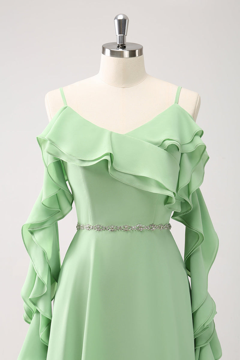 Load image into Gallery viewer, Light Green A-Line Chiffon Long Bridesmaid Dress with Ruffles