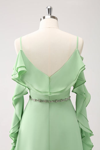 Light Green A-Line Chiffon Long Bridesmaid Dress with Ruffles