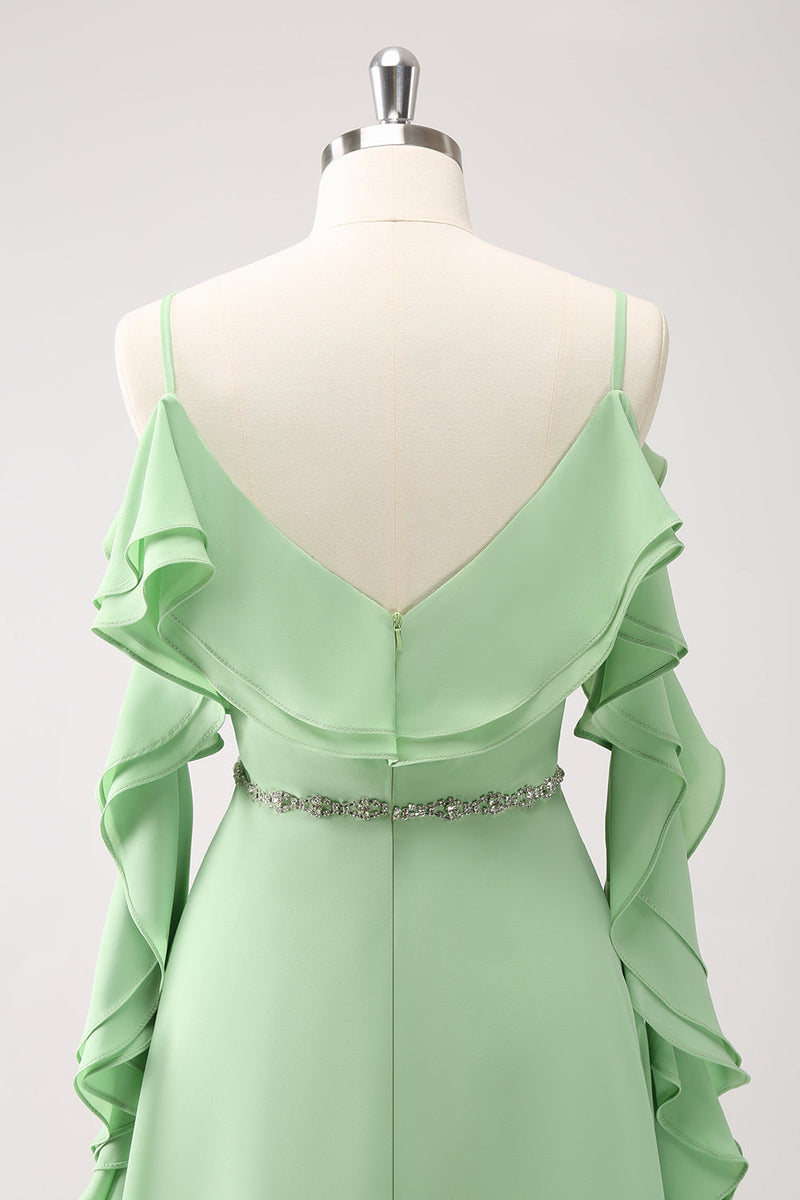 Load image into Gallery viewer, Light Green A-Line Chiffon Long Bridesmaid Dress with Ruffles