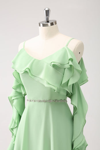 Light Green A-Line Chiffon Long Bridesmaid Dress with Ruffles