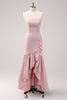 Load image into Gallery viewer, Pink Strapless Asymmetrical Ruffled Bridesmaid Dress