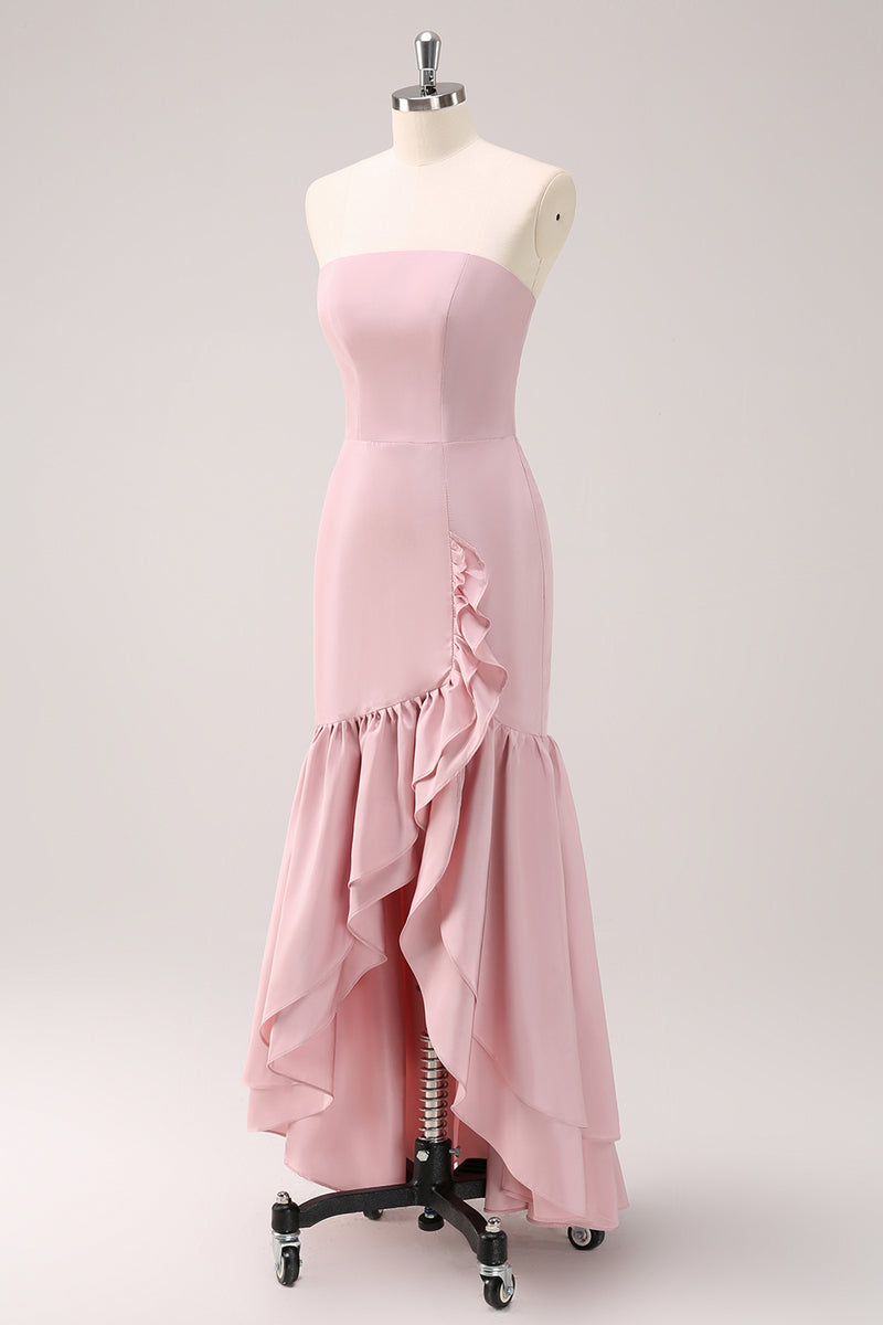 Load image into Gallery viewer, Pink Strapless Asymmetrical Ruffled Bridesmaid Dress