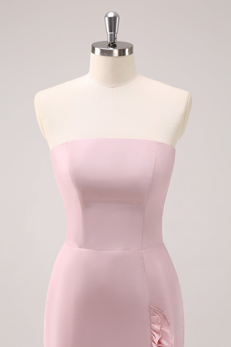 Load image into Gallery viewer, Pink Strapless Asymmetrical Ruffled Bridesmaid Dress