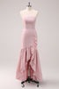 Load image into Gallery viewer, Pink Sheath Strapless Asymmetrical Ruffled Bridesmaid Dress