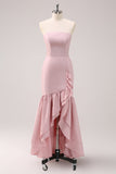 Pink Sheath Strapless Asymmetrical Ruffled Bridesmaid Dress