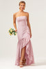 Load image into Gallery viewer, Pink Sheath Strapless Asymmetrical Ruffled Bridesmaid Dress