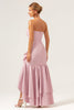 Load image into Gallery viewer, Pink Strapless Asymmetrical Ruffled Bridesmaid Dress