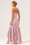 Pink Strapless Asymmetrical Ruffled Bridesmaid Dress