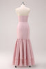 Load image into Gallery viewer, Pink Strapless Asymmetrical Ruffled Bridesmaid Dress