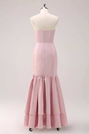 Pink Sheath Strapless Asymmetrical Ruffled Bridesmaid Dress