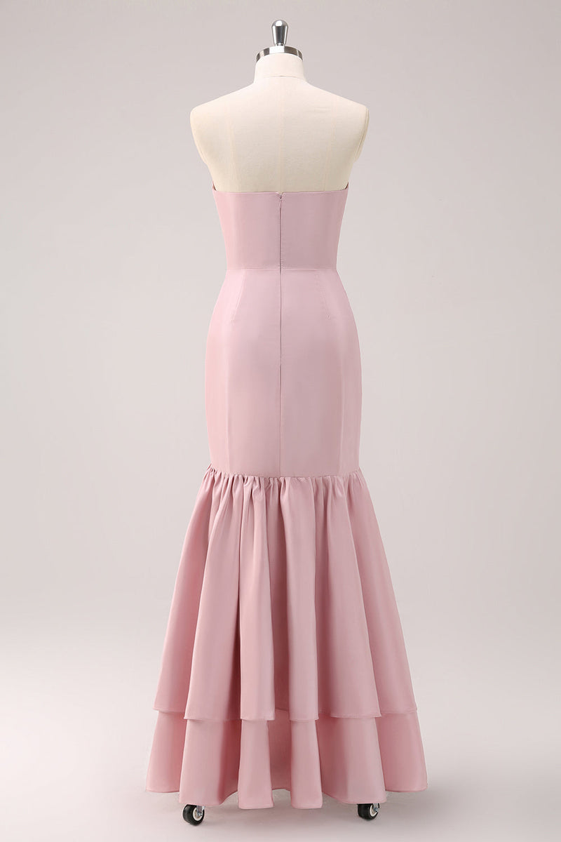 Load image into Gallery viewer, Pink Sheath Strapless Asymmetrical Ruffled Bridesmaid Dress