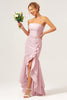 Load image into Gallery viewer, Pink Sheath Strapless Asymmetrical Ruffled Bridesmaid Dress