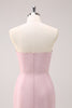 Load image into Gallery viewer, Pink Strapless Asymmetrical Ruffled Bridesmaid Dress