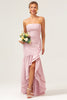 Load image into Gallery viewer, Pink Sheath Strapless Asymmetrical Ruffled Bridesmaid Dress