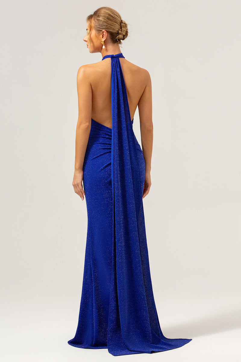 Load image into Gallery viewer, Glitter Blue Mermaid Halter Backless Long Bridesmaid Dress