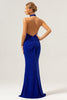 Load image into Gallery viewer, Glitter Blue Mermaid Halter Backless Long Bridesmaid Dress