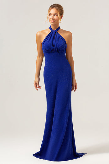 Glitter Blue Mermaid Halter Backless Long Bridesmaid Dress