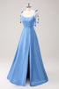 Load image into Gallery viewer, Blue A Line Spaghetti Straps Satin Long Prom Dress with Slit