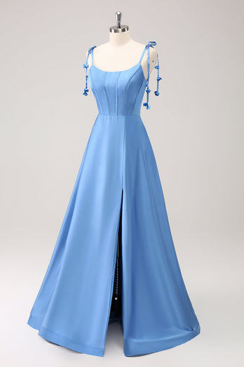 Blue A Line Spaghetti Straps Satin Long Prom Dress with Slit