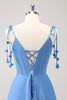 Load image into Gallery viewer, Blue A Line Spaghetti Straps Satin Long Prom Dress with Slit