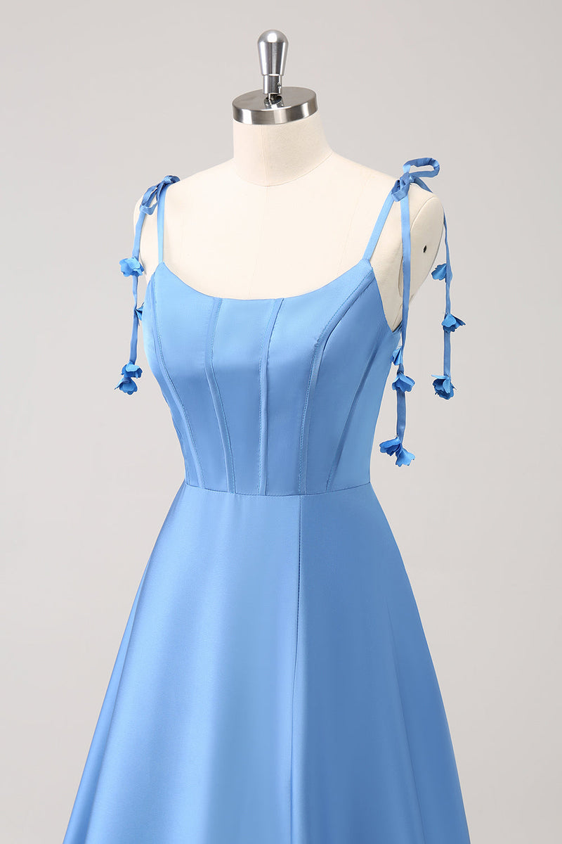 Load image into Gallery viewer, Blue A Line Spaghetti Straps Satin Long Prom Dress with Slit