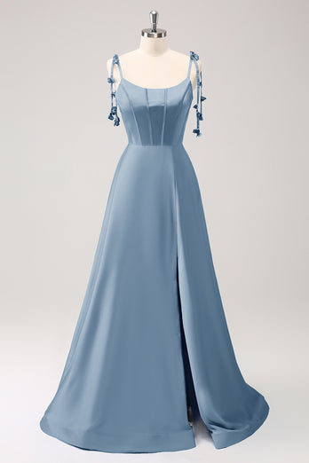 Blue A Line Spaghetti Straps Satin Long Prom Dress with Slit