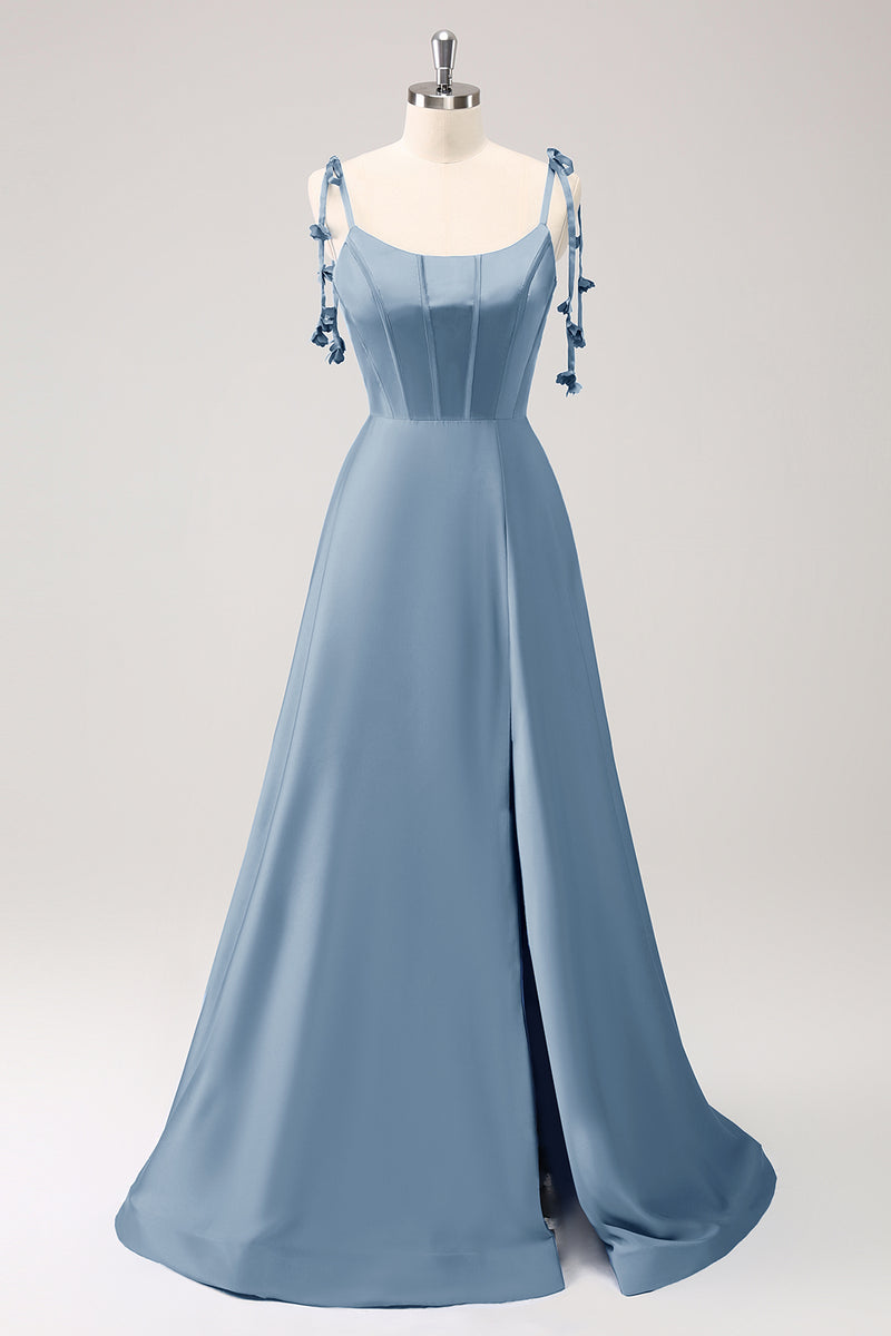 Load image into Gallery viewer, Blue A Line Spaghetti Straps Satin Long Prom Dress with Slit