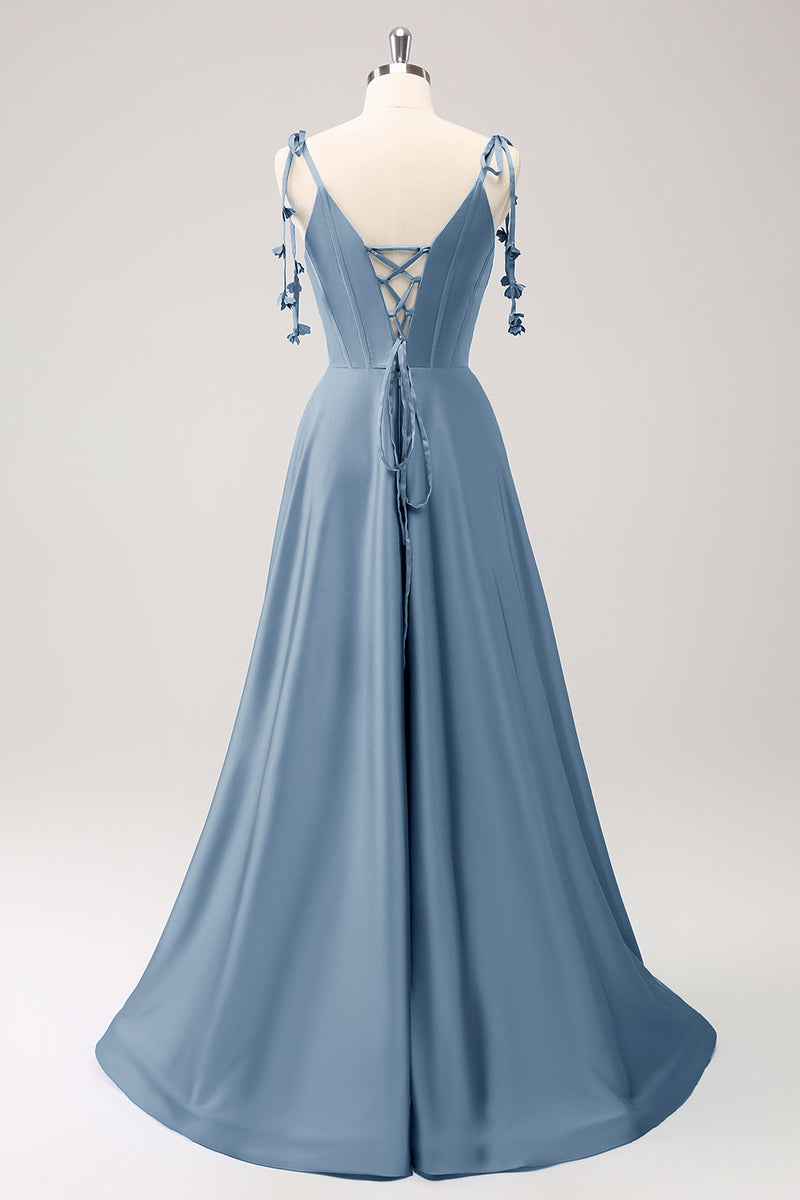 Load image into Gallery viewer, Blue A Line Spaghetti Straps Satin Long Prom Dress with Slit