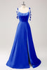 Load image into Gallery viewer, Blue A Line Spaghetti Straps Satin Long Prom Dress with Slit