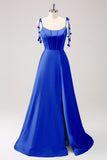 Blue A Line Spaghetti Straps Satin Long Prom Dress with Slit