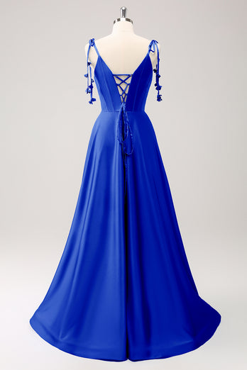 Blue A Line Spaghetti Straps Satin Long Prom Dress with Slit