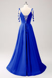 Blue A Line Spaghetti Straps Satin Long Prom Dress with Slit