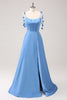 Load image into Gallery viewer, Blue A Line Spaghetti Straps Satin Long Prom Dress with Slit