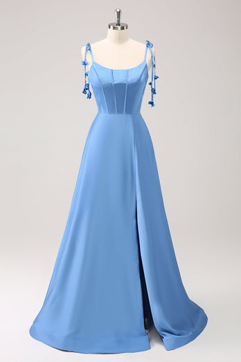 Blue A Line Spaghetti Straps Corset Satin Long Bridesmaid Dress with Slit