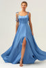 Load image into Gallery viewer, Blue A Line Spaghetti Straps Corset Satin Long Bridesmaid Dress with Slit