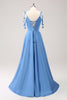 Load image into Gallery viewer, Blue A Line Spaghetti Straps Corset Satin Long Bridesmaid Dress with Slit