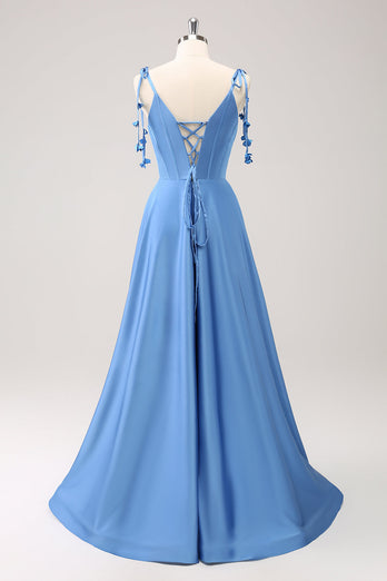 Blue A Line Spaghetti Straps Satin Long Prom Dress with Slit