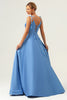 Load image into Gallery viewer, Blue A Line Spaghetti Straps Satin Long Prom Dress with Slit