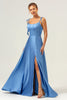 Load image into Gallery viewer, Blue A Line Spaghetti Straps Corset Satin Long Bridesmaid Dress with Slit