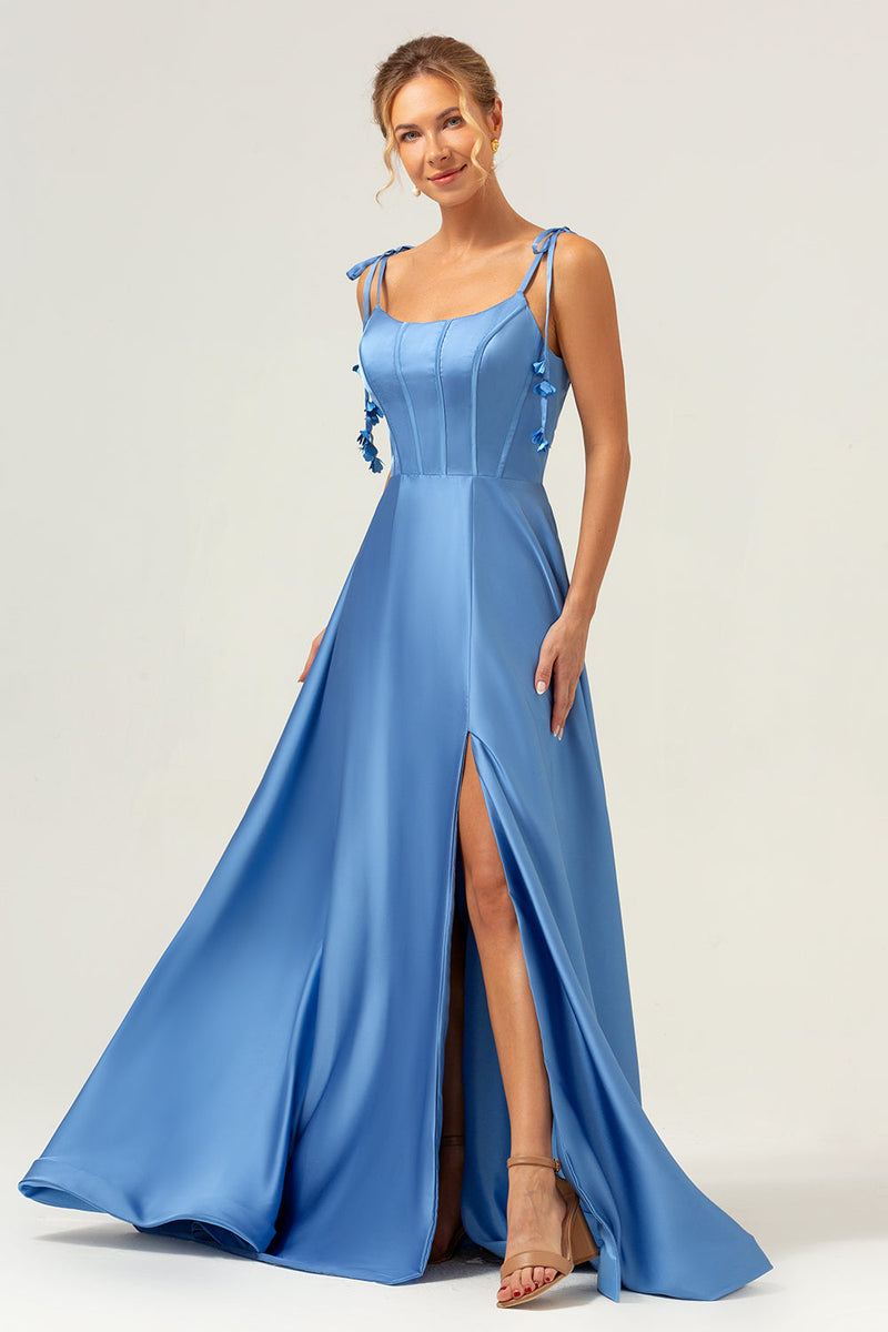 Load image into Gallery viewer, Blue A Line Spaghetti Straps Corset Satin Long Bridesmaid Dress with Slit