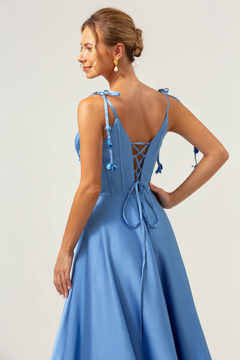 Load image into Gallery viewer, Blue A Line Spaghetti Straps Corset Satin Long Bridesmaid Dress with Slit