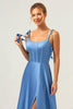 Load image into Gallery viewer, Blue A Line Spaghetti Straps Corset Satin Long Bridesmaid Dress with Slit