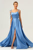 Load image into Gallery viewer, Blue A Line Spaghetti Straps Corset Satin Long Bridesmaid Dress with Slit