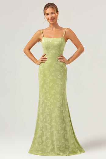 Green Embroidery Mermaid Bridesmaid Dress with Lace Up Back