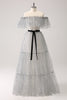 Load image into Gallery viewer, White Black A-Line Off The Shoulder Long Prom Dress with Dot