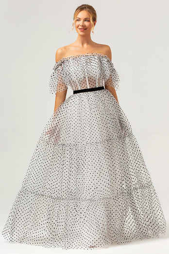 White Black A-Line Dot Off-the-Shoulder Prom Dress