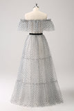 White Black A-Line Dot Off-the-Shoulder Prom Dress