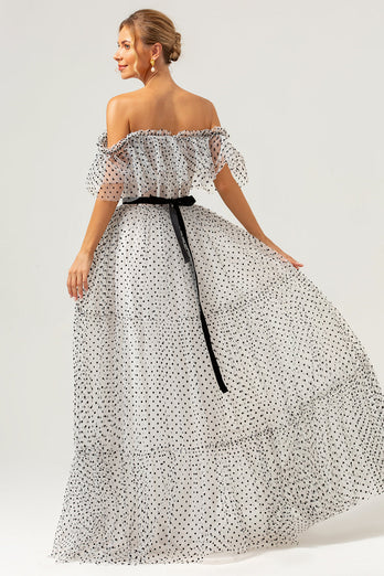 White Black A-Line Dot Off-the-Shoulder Prom Dress